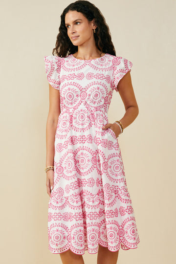 HY8603 Pink Womens Eyelet Embroidered Flutter Sleeve Scallop Hem Dress Front